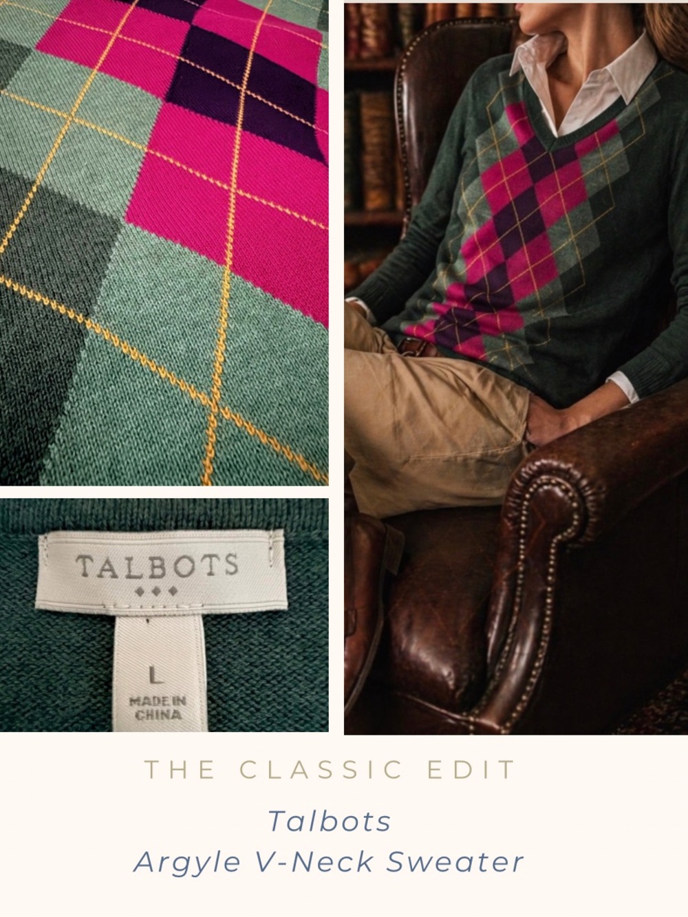 Talbots | Cotton Argyle Sweater | NWT | Forest Green V-Neck Classic Knit